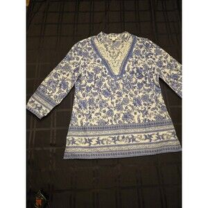 Charter Club Shirt Women 12 M Blue White Floral 3/4 Sleeve Tunic Beaded V Neck